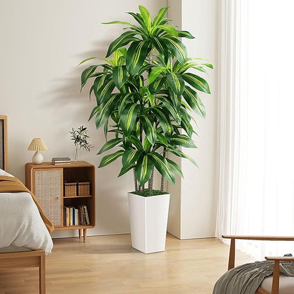 Artificial Dracaena Tree Indoor, 5FT Tall Fake Tree with White Tall Planter, Artificial Tree Fake Yucca Potted Tree for Home Office Living Room Decor，Tall Artificial Plant for Housewarming