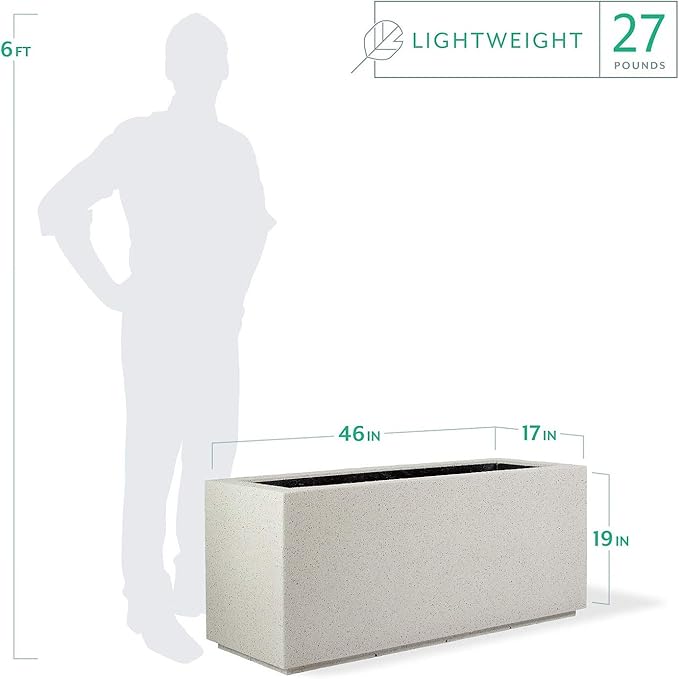 PolyStone Milan Tall Modern Outdoor/Indoor Rectangular Trough Planter, 46" W x 19" H, Lightweight, Heavy Duty, Weather Resistant, Polymer Finish, Commercial and Residential (White Granite)