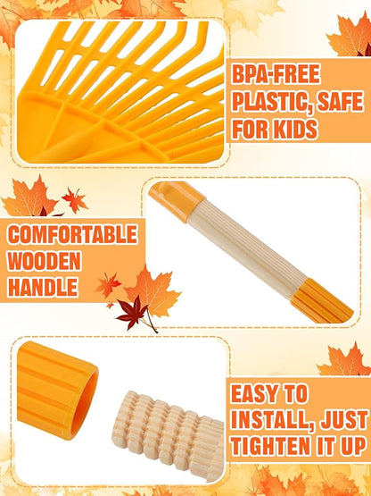 Acostop 2 Pcs Kids Rakes with Wood Handle - 34" Lightweight Plastic Garden Rake for Leaves, Safe to Use Kid Yard Tools for Boys Girls Fall Gardening Gifts (Yellow)