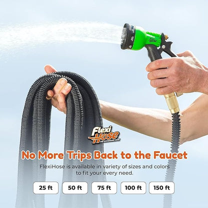 Flexi Hose PLUS with 8 Function Nozzle Expandable Garden Hose, Lightweight & No-Kink Flexible Garden Hose, 3/4 inch Solid Brass Fittings and Double Latex Core, 25 ft Black