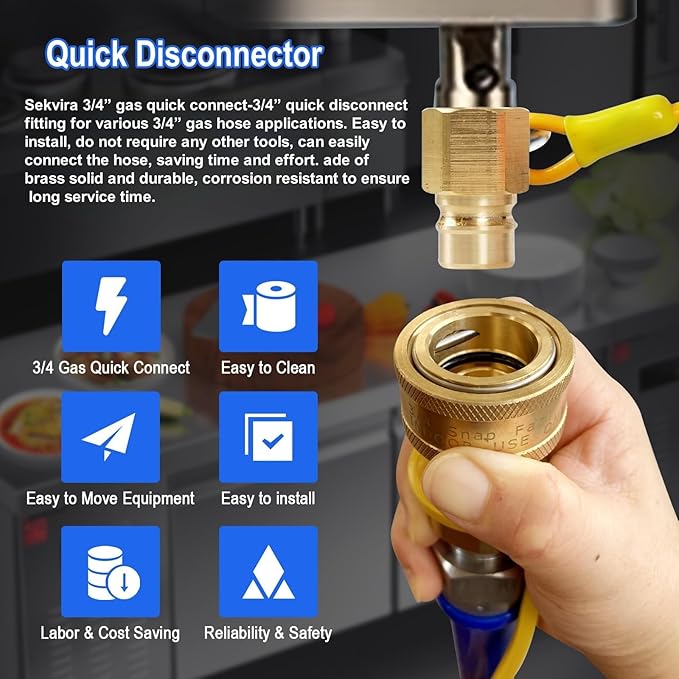 3/4" Natural Gas Quick Connect, Hose Quick Connect, 3/4” Natural Gas Quick Connect Fittings，Heavy-Duty Brass Large Flow Quick Disconnect for Commercial Kitchen Equipment, Generator Etc Gas Equipment.