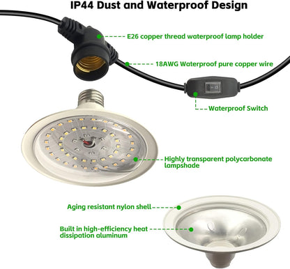 Outdoor LED Grow Lights, Waterproof String Grow Light, Full Spectrum Plant Growing Lights Greenhouse 44Ft Adjustable Cord 12 Lights