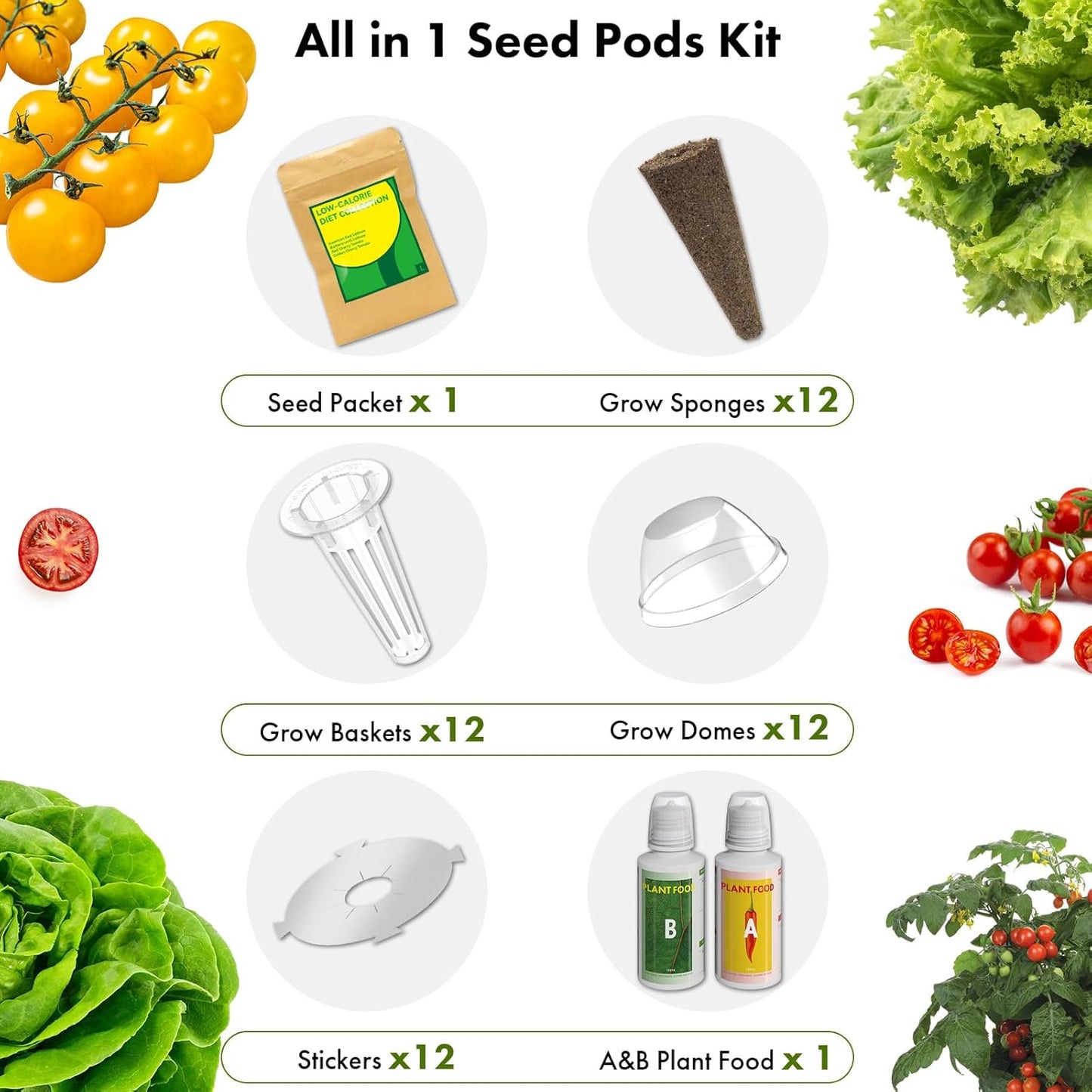 LYKO Low-Calorie Salad Seed Pods for AeroGarden, Ahopegarden, iDOO Hydroponics Growing System, 350 Seeds+ Including American Fast Lettuce, Buttercrunch Lettuce, Red Tomato, Golden Tomato (12-Pods)