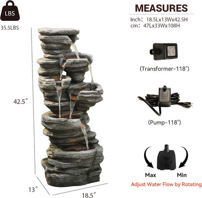 42.5" H Garden Outdoor Water Fountain with LED Lights & Pump, Mutiply-Tier Cascading Outdoor Fountain for Garden,Patio,Porch,Backyard,Home Art Decor