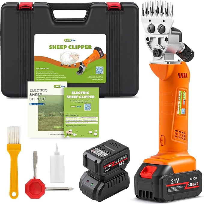 Sheep Shears Cordless 550W 2400RPM Rechargeable Sheep Clipper Professional Animal Clipper, 6-Speed Adjustable with 2X 4000mAh 21V Lithium Batteries for Sheep, Goat, Cattle, Livestock (110V, Orange)