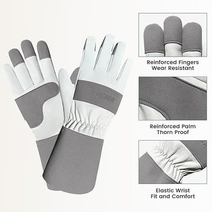 Gardening Gloves, Long Thorn Proof Garden Gloves for Women and Men, Goatskin Breathable Leather Work Gloves for Gardening, Pruning, Yard Work, Grey, L