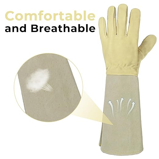 HLDD HANDLANDY Long Gardening Gloves for Women Ladies Protective Work Gloves Rose Pruning Garden Gloves for Yard & Outdoor Work, Light Yellow, L