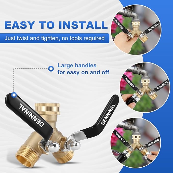 Garden Hose Splitter, Brass Hose Splitter 2 Way Heavy Duty, Leakproof Water Spigot Splitter with Stainless Steel Long Handle, Durable All-Metal Y Adapter with Shut-Off Valve, 3/4 GHT Splitter