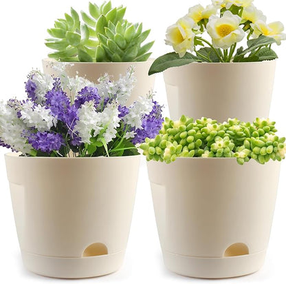 6+7 Inch Self Watering Planters for Indoor Plants, 4 Pack Self Watering Planters with Drainage Holes & Saucers, Plastic Flower Pots Outdoor with Reservoir for All Houseplants Garden Pots (Cream White)