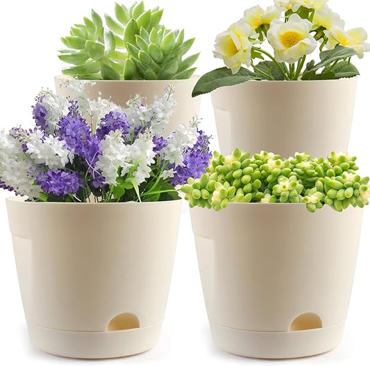 6+7 Inch Self Watering Planters for Indoor Plants, 4 Pack Self Watering Planters with Drainage Holes & Saucers, Plastic Flower Pots Outdoor with Reservoir for All Houseplants Garden Pots (Cream White)