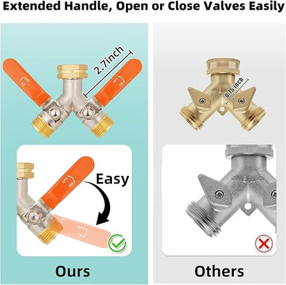 2 Way Hose Splitter, Brass High Flow Garden Hose Splitter Heavy Duty, Hose Connector, Water Spigot Splitter, Full Flow Faucet Splitter with shutoff, 3/4” GHT Inlet