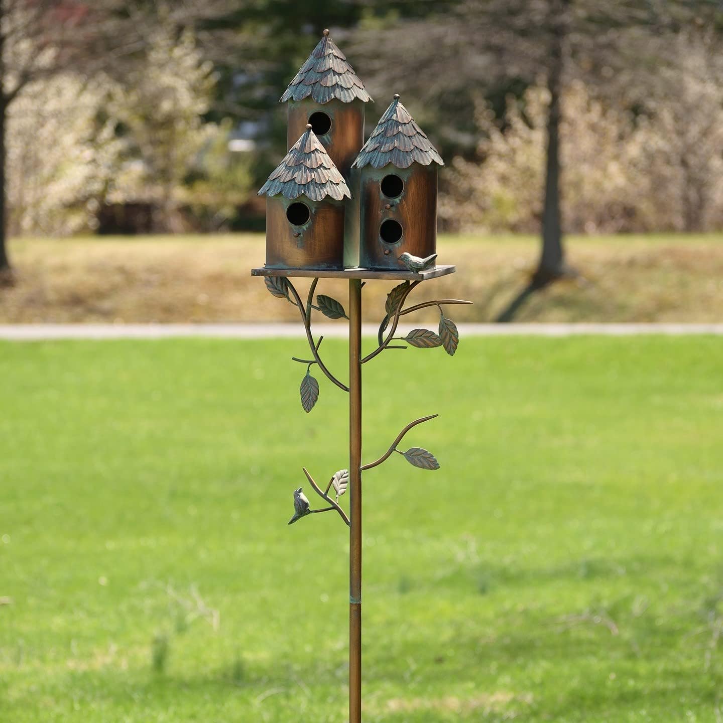 Large Copper Colored Multi-Birdhouse Stakes, Room for 4 Bird Families in Each ASIN: B09QHC67VL (Cylinders with Fence)