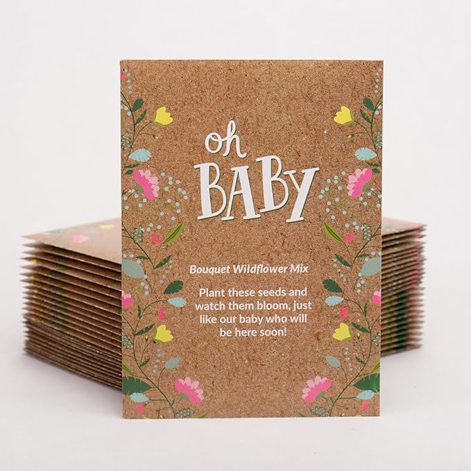 BENTLEY SEED CO. Oh Baby Flower Seeds Packets - Girl/Boy Baby Shower Favors - Pre-Filled, 25 Wildflower Seed Packs for Favor - Eco-Friendly Gift & Babys Guest Giveaways - Non-GMO Seeds - Brown