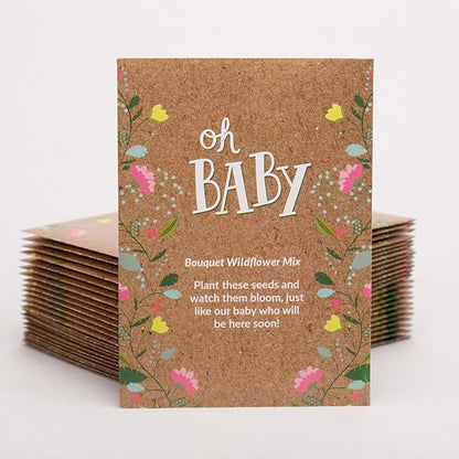 BENTLEY SEED CO. Oh Baby Flower Seeds Packets - Girl/Boy Baby Shower Favors - Pre-Filled, 25 Wildflower Seed Packs for Favor - Eco-Friendly Gift & Babys Guest Giveaways - Non-GMO Seeds - Brown