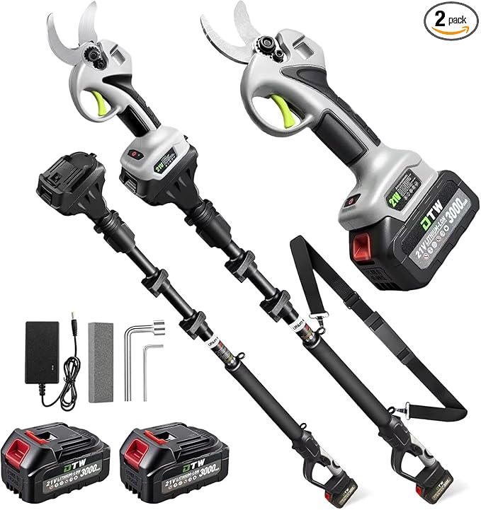 Electric Pruning Shears with Pole 1.4-2.0 Cutting Diameter & 2-IN-1 Electric Pole Pruner,2PCS 21V 3.0Ah Batteries,Brushiless Motor,4 Modes Adjustable Branches Cutter for Flower, Tree Trimming(Gray)