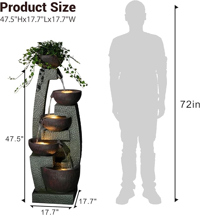 47.5" H Water Fountain Outdoor with LED Lights & Pump, 5-Tier Cascading Outdoor Fountain for Garden,Patio,Porch,Backyard,Home Art Decor Gifts for Housewarming