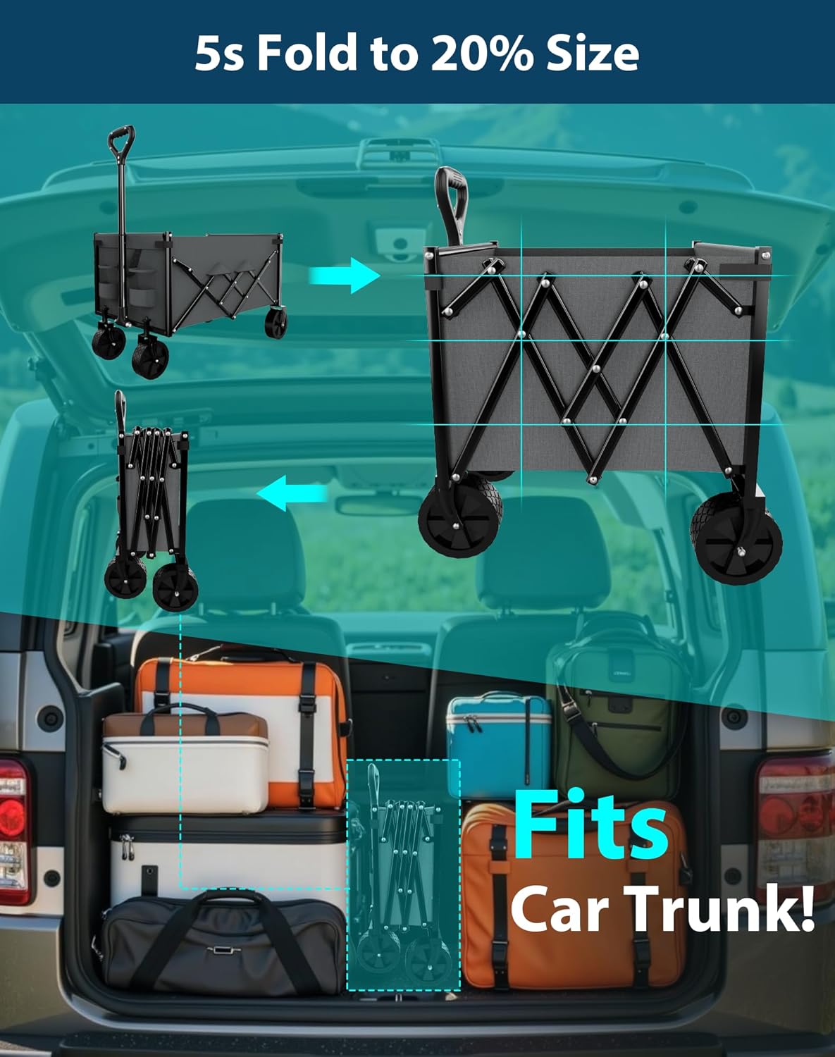 Lightweight Folding Wagon, Large Capacity Collapsible Grocery Cart on Big Wheels, Heavy Duty Foldable Shopping Carts, All-Terrain Outdoor Utility Carts, 3.5 Cu Ft, Grey