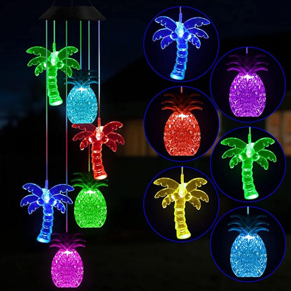 Solawindchime Palm Tree Pineapple Wind Chime, Color Changing Pineapple Palm Trees Wind Chimes Outdoor, Home, Yard, Balcony, Night Garden Decoration, Gifts for Women