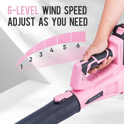 Steelite Leaf Blower Cordless with 2 Battery and Charger, 20V Electric Leaf Blowers, Lightweight Handheld Blower for Lawn Care, Patio, Garden, Pink