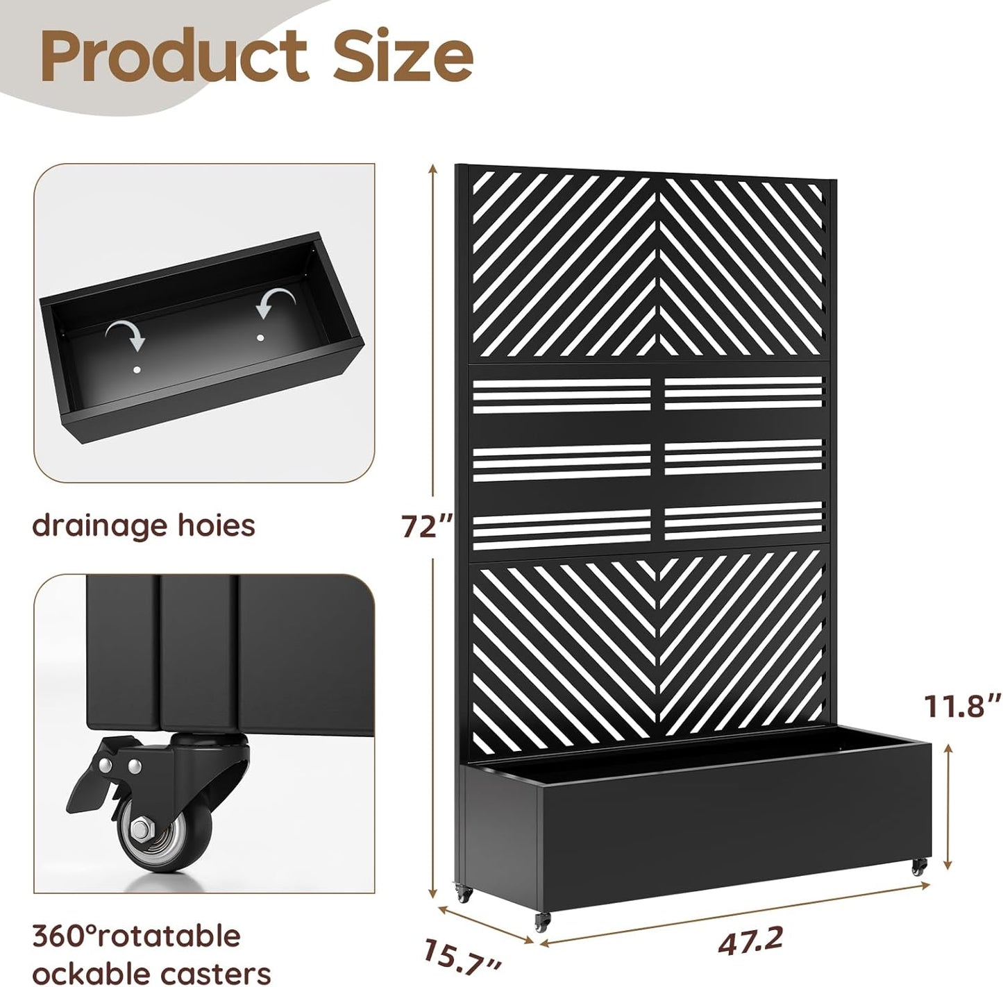 Metal Raised Garden Bed with Trellis & Wheels,72" x 47"x 15.7" Planter Box with Trellis,Privacy Planters for Patio,Garden Bed for Climbing Plants,Suitable for climbing plants and vegetables,Black