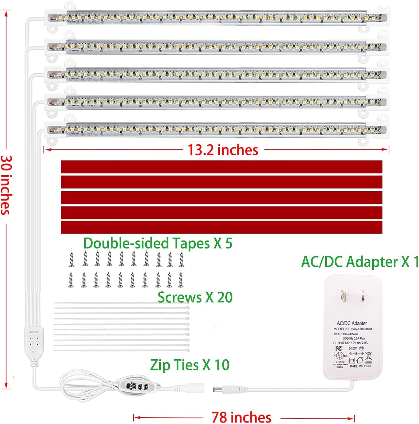 Grow Light Strip - Full Spectrum LED Grow Lights for Indoor Plants, Auto On/Off Timer, 5 Pack (240 LEDs, 10 Dimmable Levels)