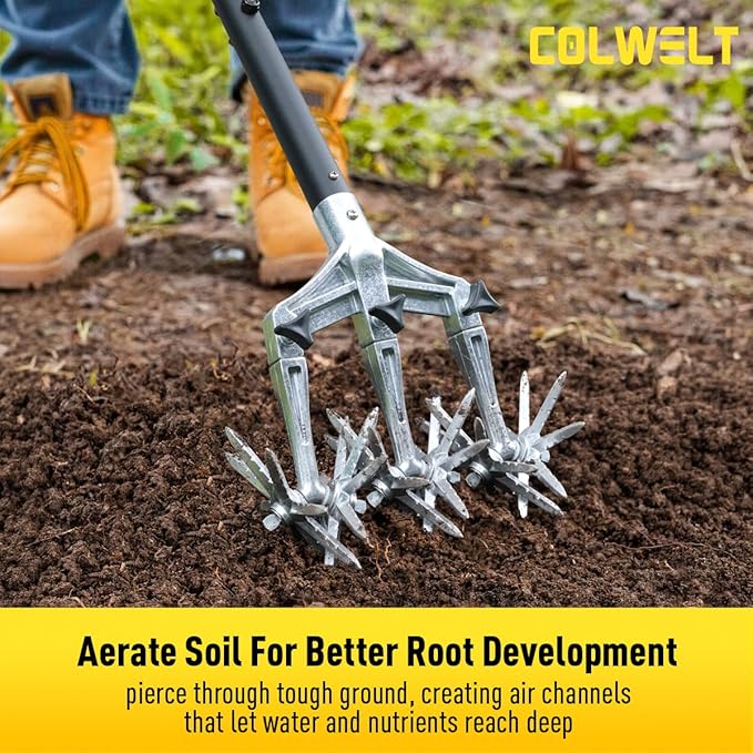 Colwelt Rotary Cultivator Garden Tool 61’’, Hand Tiller Garden Tool with Detachable Aluminum Tines, Cultivators for Gardening Soil or Reseeding Grass, Manual Cultivators & Tillers for Flowers Beds