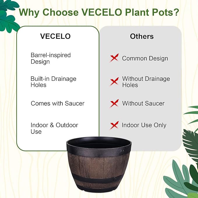 VECELO Plant Pots with Drainage Holes & Saucer, 11.3 Inch Flower Pots with Tray, 4 Pack Plastic Whiskey Barrel Planters for Indoor & Outdoor Garden Home Plants and Flowers