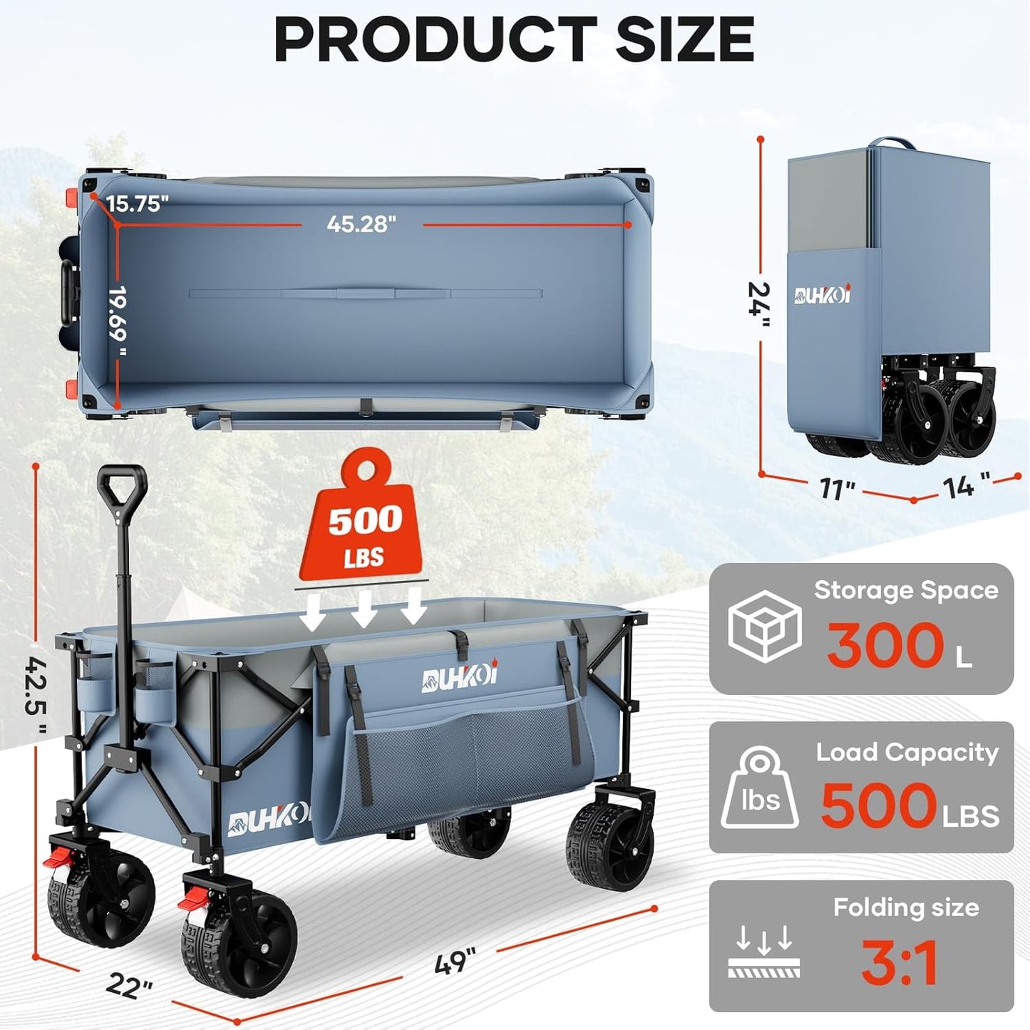 49" L Collapsible Foldable Extended Wagon with 500lbs Weight Capacity,300L Heavy Duty Beach Cart,Large Utility Wagon with Cup Holders,Cart for Sports,Outdoors,Grocery,Shopping (LightBlue)