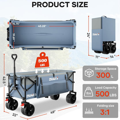 49" L Collapsible Foldable Extended Wagon with 500lbs Weight Capacity,300L Heavy Duty Beach Cart,Large Utility Wagon with Cup Holders,Cart for Sports,Outdoors,Grocery,Shopping (LightBlue)