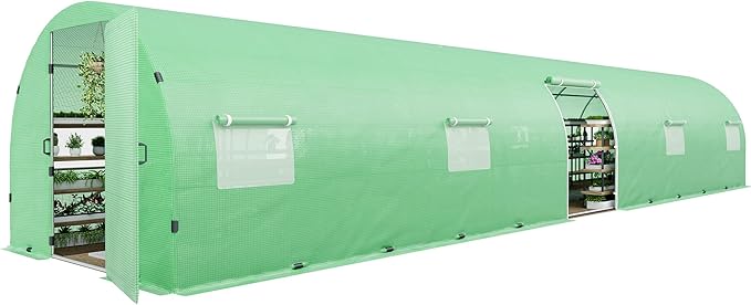 AMERLIFE 44x10x7.5 FT Tunnel Greenhouse for Outdoors, Extra Large Walk in Greenhouse with Galvanized Steel Frame, Premium PE Cover & Film Clips, Swing Door, Green