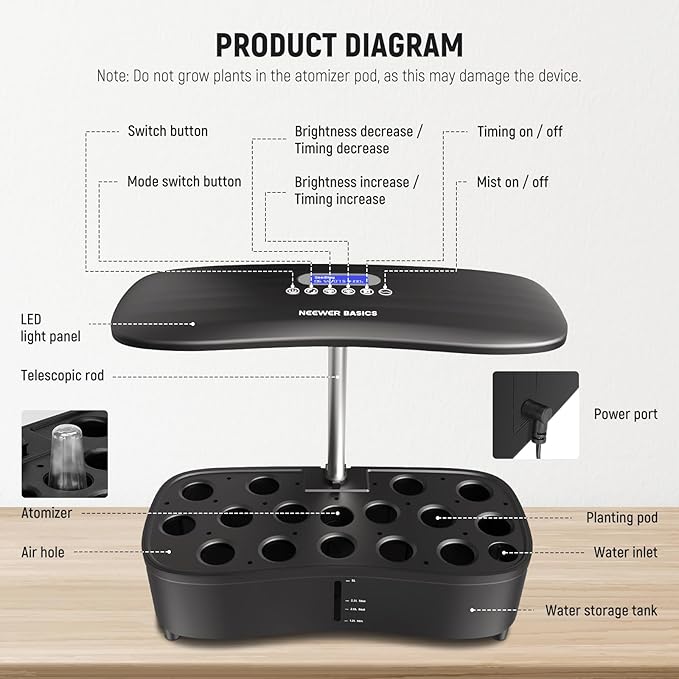 NEEWER Basics Silent Aeroponics Growing System Kit, Hydroponics with Atomization Tech LED Grow Light 3 Modes 15 Seed Pods Timer LCD, Indoor Gardening Plant Food Vegetable Herb Garden Planter, HGS02