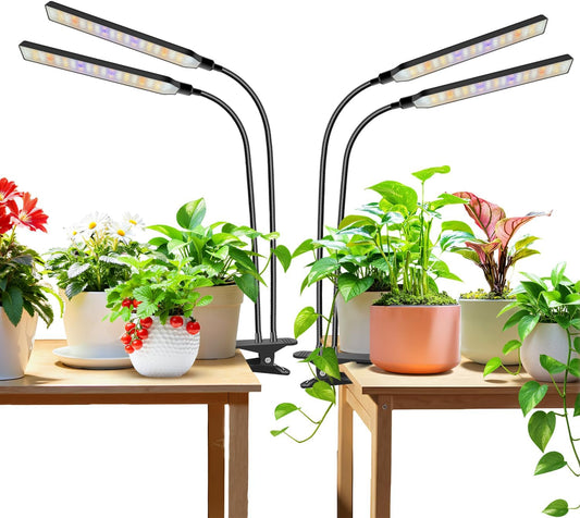 Grow Light Clip on 2 Pack, 228 LED Full Spectrum Plant Lights for Indoor Growing, 2 Head Black Arm Grow Lamp with Gooseneck, 6/12/16H Timer, 5 Dimming, 3 Light Mode