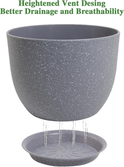 12inch Large Plant Pot, Modern Plastic Planter with High Driange Holes and Saucer for Indoor Outdoor Garden Plants and Flowers, Grey Speckles