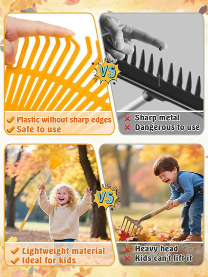 Acostop 2 Pcs Kids Rakes with Wood Handle - 34" Lightweight Plastic Garden Rake for Leaves, Safe to Use Kid Yard Tools for Boys Girls Fall Gardening Gifts (Yellow)