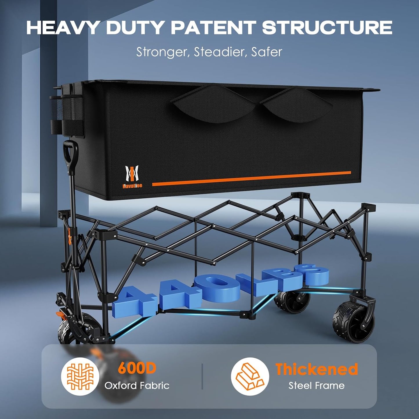 Navatiee 48'' Extra Long Collapsible Wagons Carts Foldable, 440Lbs Heavy Duty Folding Beach Wagon with All-Terrain Big Wheels, 300L Capacity Utility Garden Carts for Camping, Sports