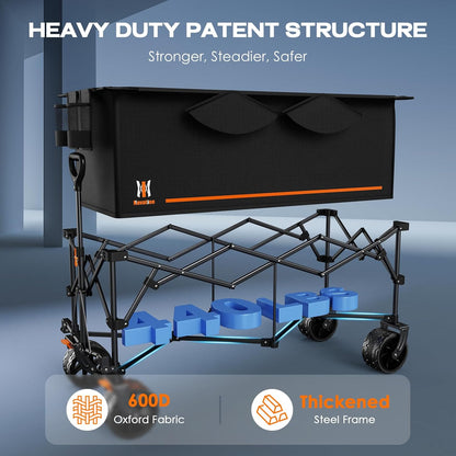 Navatiee 48'' Extra Long Collapsible Wagons Carts Foldable, 440Lbs Heavy Duty Folding Beach Wagon with All-Terrain Big Wheels, 300L Capacity Utility Garden Carts for Camping, Sports