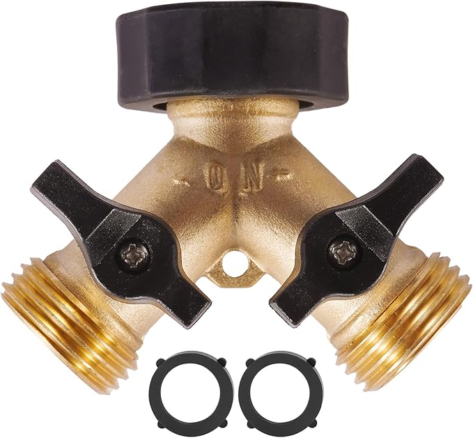 Garden Hose Splitter 2 Way Heavy Duty, Brass Hose Y Splitter with Shutoff Valve, Easy Grip Handle, Water Spigot Outdoor Faucet Splitter Y Adapter with 2 Extra Rubber Washers
