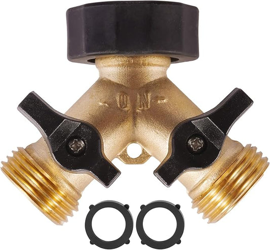 Garden Hose Splitter 2 Way Heavy Duty, Brass Hose Y Splitter with Shutoff Valve, Easy Grip Handle, Water Spigot Outdoor Faucet Splitter Y Adapter with 2 Extra Rubber Washers