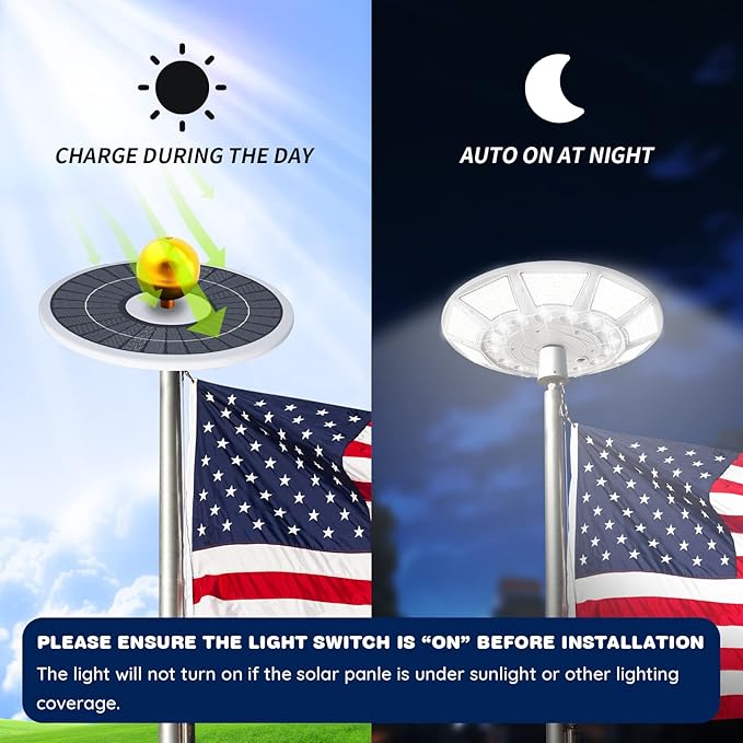 Flag Pole Light Solar Powered Solar Flagpole Light with DC Charge Port Top Mount 566 LED Brightest Water Resistant Outdoor Dusk to Dawn American Flag Lights Fits 15-40 ft Flagpoles