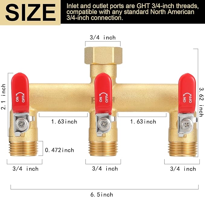 EBH Garden Hose Splitter, 3-Way High Flow Heavy Duty Brass Outdoor Hose Manifold with Long Handles Full Flow Faucet Adapter- 3/4” GHT(RED)