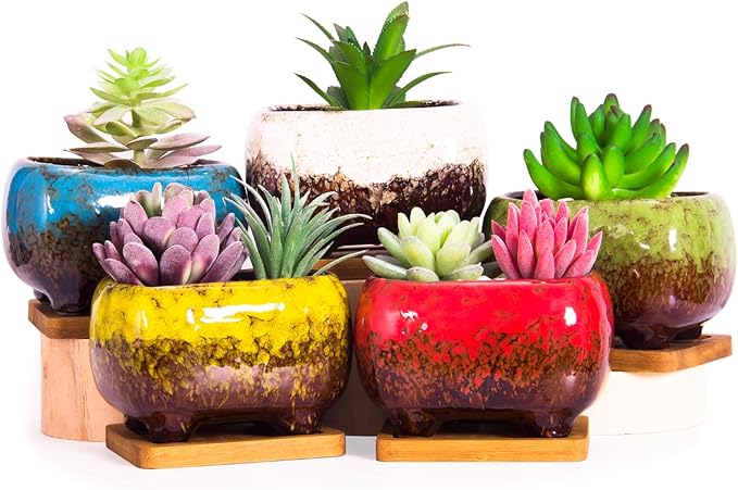 ARTKETTY Succulent Pots - 4.7 Inch Ceramic Succulent Planters Pots with Drainage Set of 5, Rectangular Bonsai Pots with Bamboo Trays Small Pots for Indoor Cactus Flower Plants for Home Office Decor