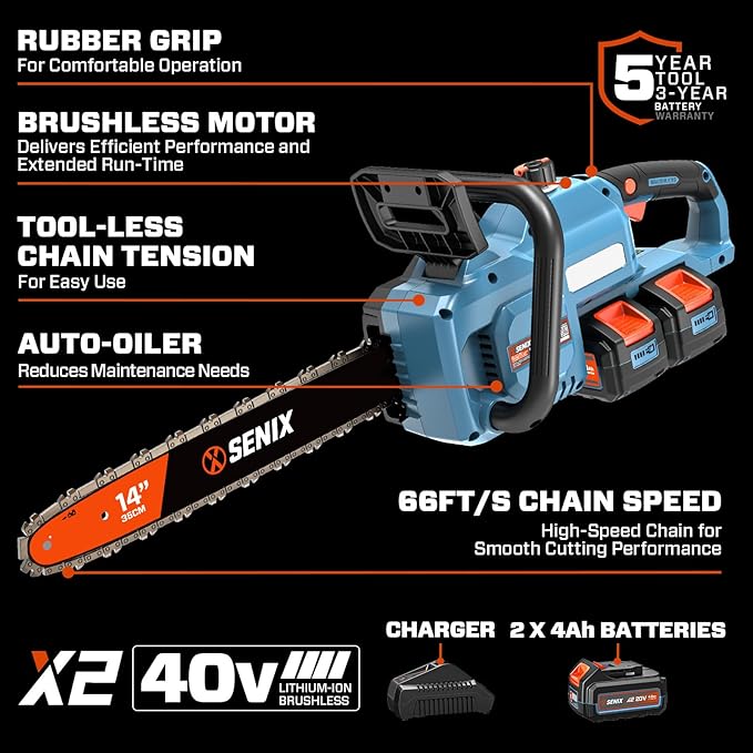SENIX 40V 14" Electric Chainsaw, Cordless Battery Powered Chainsaw, Brushless Chain Saw, Includes 2x4Ah Batteries & Charger, Garden Tool for Trees, Pruning, Branch Cutting, Yard, Gift, CSX2-M2