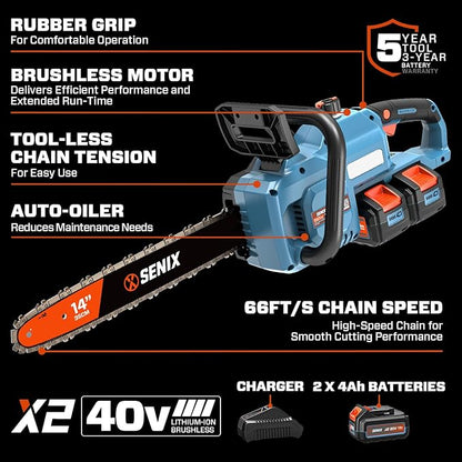SENIX 40V 14" Electric Chainsaw, Cordless Battery Powered Chainsaw, Brushless Chain Saw, Includes 2x4Ah Batteries & Charger, Garden Tool for Trees, Pruning, Branch Cutting, Yard, Gift, CSX2-M2