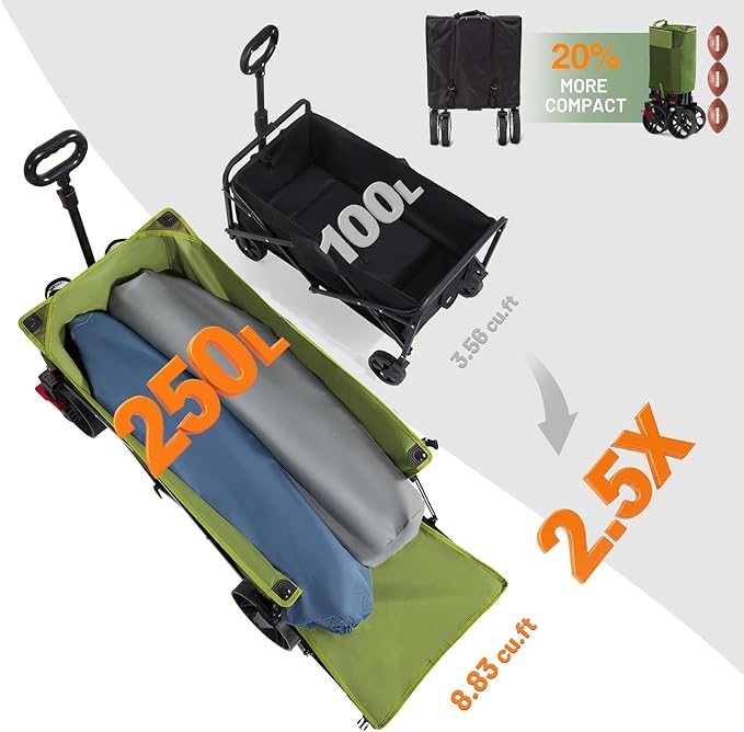 Timber Ridge 47" L Collapsible Wagon with Tailgate & Brake, 300lbs Heavy Duty Beach Wagon with All-Terrain Big Wheels, 250L Foldable Utility Cart for Sand Camping Sports Shopping, Green