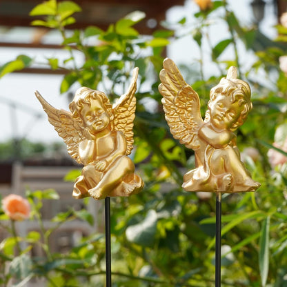 OwMell Set of 2 Decorative Angel Garden Stakes, Small Angel Fairy Garden Angel Ornaments, Cherub Angel Memorial Statue Flower Pot Decorations - Gold
