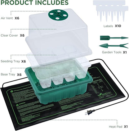 Seedfactor 7-Pack Seed Starter Tray with Heat Mat (12 Cells per Tray), Plant Germination Trays with Adjustable Humidity Dome Seed Trays Seedling Starter with Base Trays for Germination