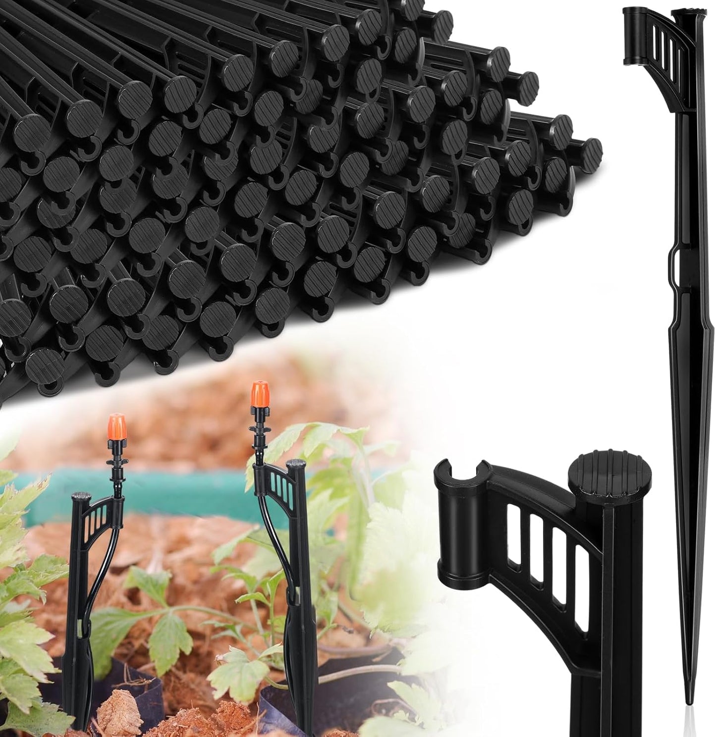 100 Pcs 12.8" Irrigation Drip Support Stakes 1/4 Inch Tubing Hose Holder Adjustable Riser Drip Lines Ground Stakes for Micro Sprinkler Gardens Irrigation Supplies