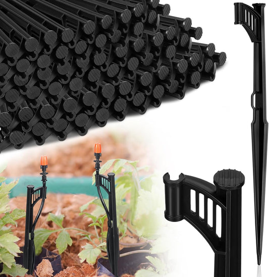 100 Pcs 12.8" Irrigation Drip Support Stakes 1/4 Inch Tubing Hose Holder Adjustable Riser Drip Lines Ground Stakes for Micro Sprinkler Gardens Irrigation Supplies