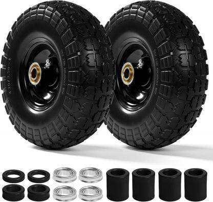 Backyard Expressions 10 Inch, 13 Inch, 16 Inch Flat-Free PU Tire 2-Pack - Solid Rubber Replacement Wheels for Hand Truck, Wheelbarrow, Dolly, Garden Cart - 5/8" & 3/4" Bearings, Spacer Kit, Steel Hub