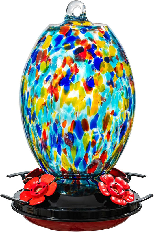 Muse Garden Glass Humming Bird Feeders for Outdoors - 27OZ Blown Glass Hummingbird Feeder - Unique Gift for Mom Women Grandparents, Outdoors Hanging Garden Decor, Ant Moat & Brush, Blue Polka Dots